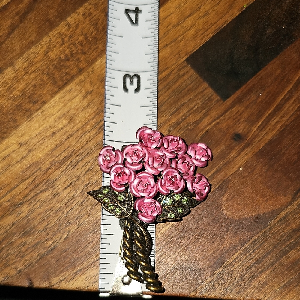 VINTAGE Avon Pink Roses Floral Brooch Pin Green Rhinestones Retro